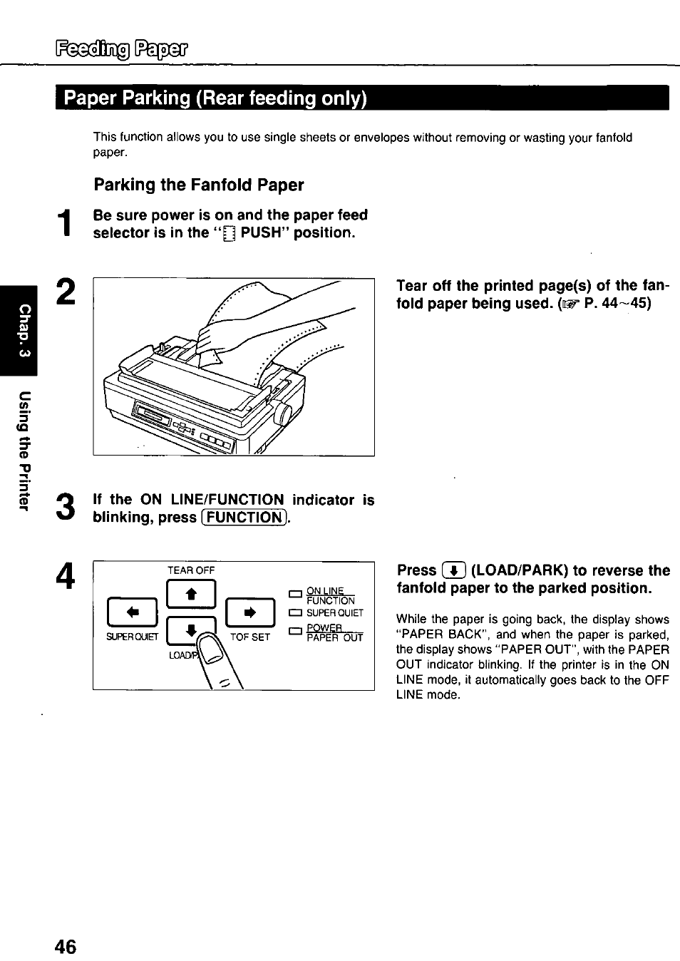 Paper parking (rear feeding only), Parking the fanfold paper | Panasonic KX-P3124 User Manual | Page 46 / 123