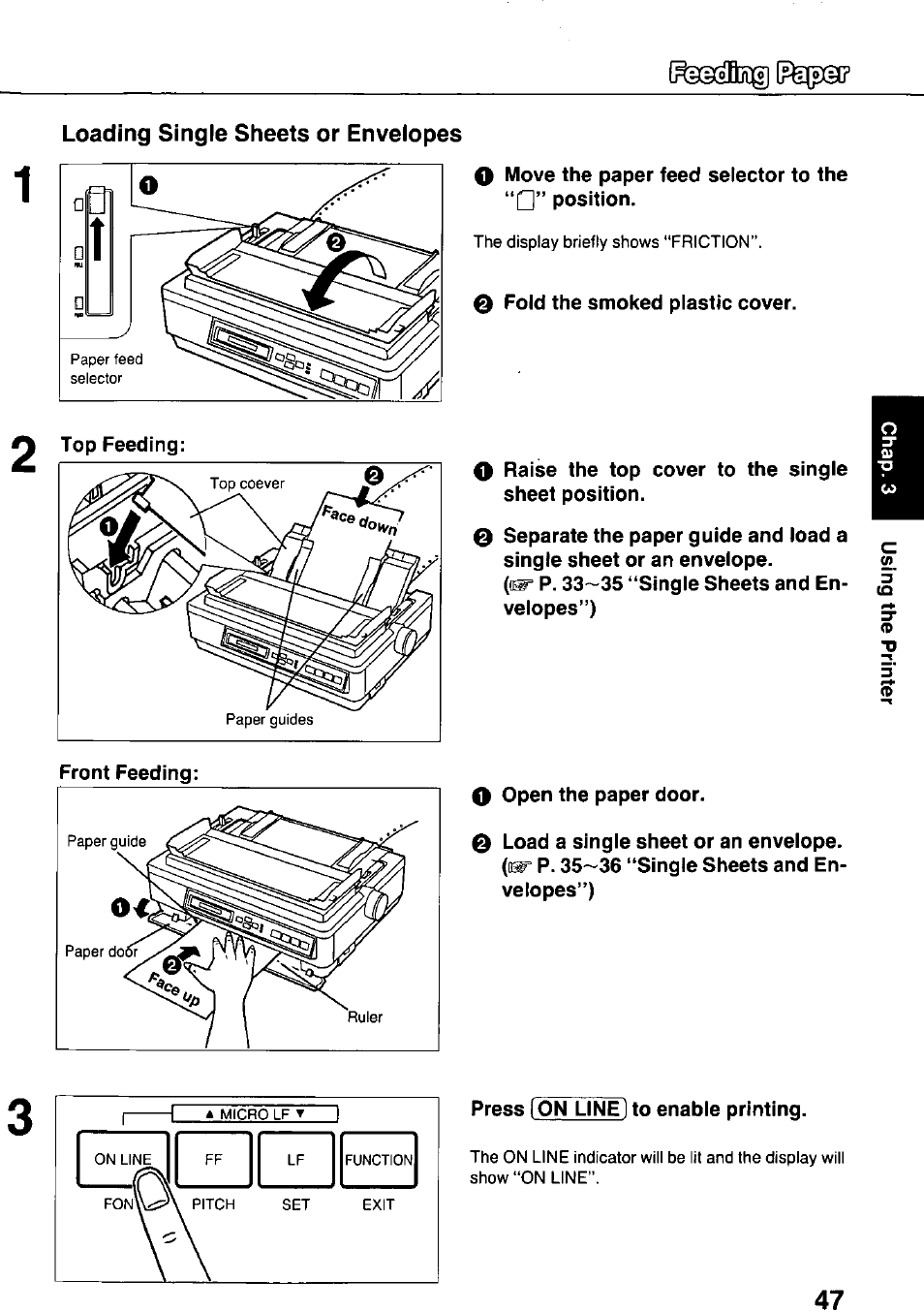 Loading single sheets or envelopes | Panasonic KX-P3124 User Manual | Page 47 / 123