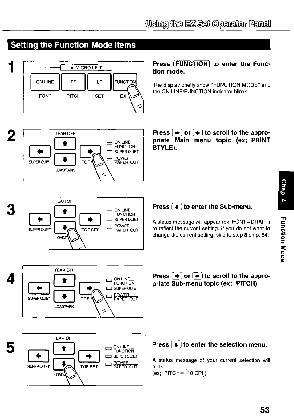 Setting the function mode items, Press ifunction) to enter the function mode, Press to enter the sub-menu | 3 to enter the selection menu | Panasonic KX-P3124 User Manual | Page 53 / 123