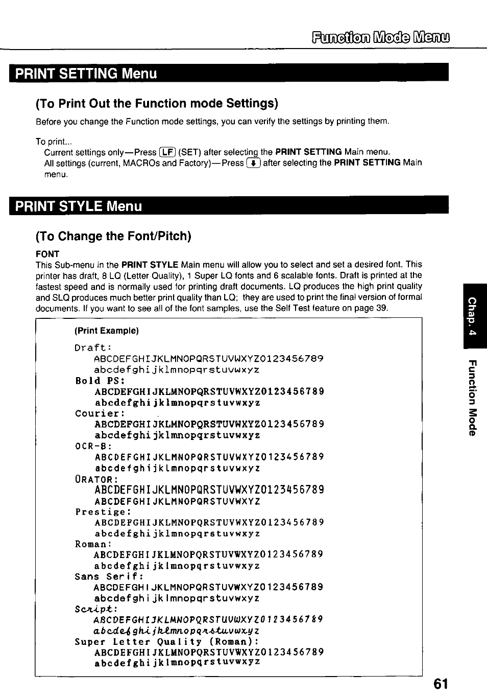 Print setting menu, To print out the function mode settings), Print style menu | To change the font/pitch), Font, Print setting menu print style menu | Panasonic KX-P3124 User Manual | Page 61 / 123