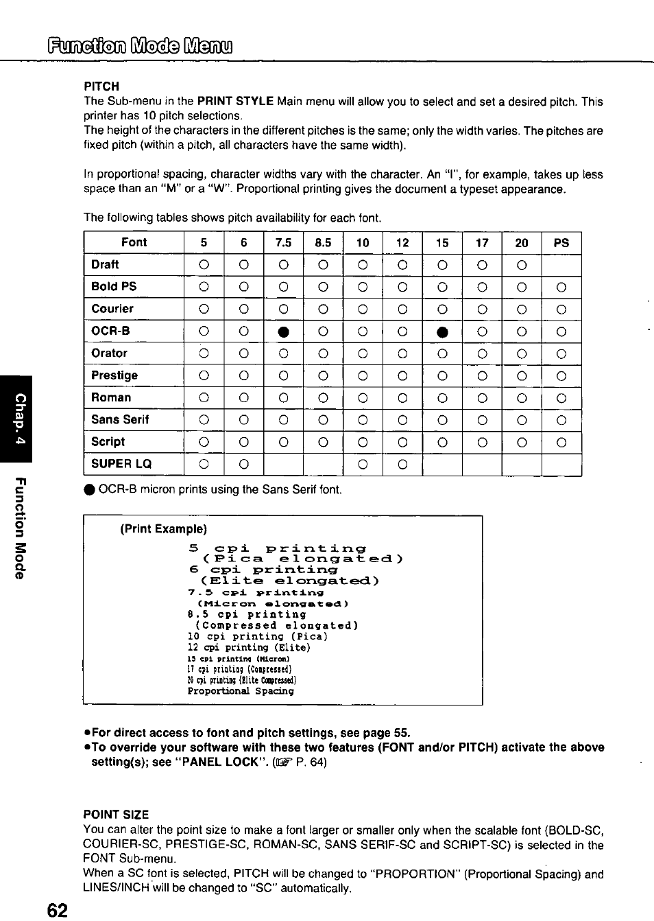 Pitch, Point size | Panasonic KX-P3124 User Manual | Page 62 / 123