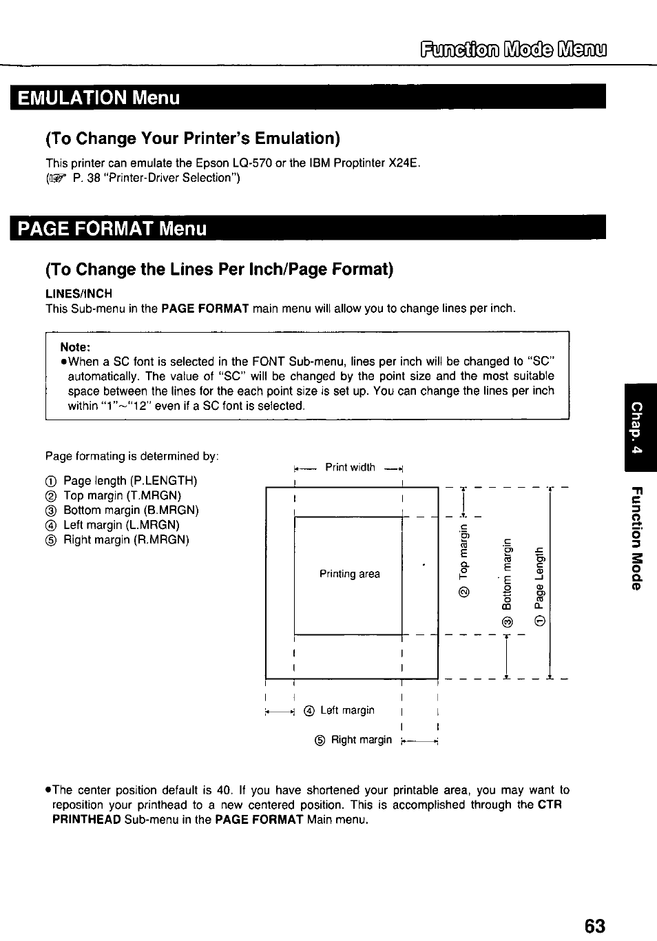 Emulation menu, To change your printer’s emulation), Lines/inch | Note, Riffidsimid (iil5^ emulation menu, Page format menu | Panasonic KX-P3124 User Manual | Page 63 / 123