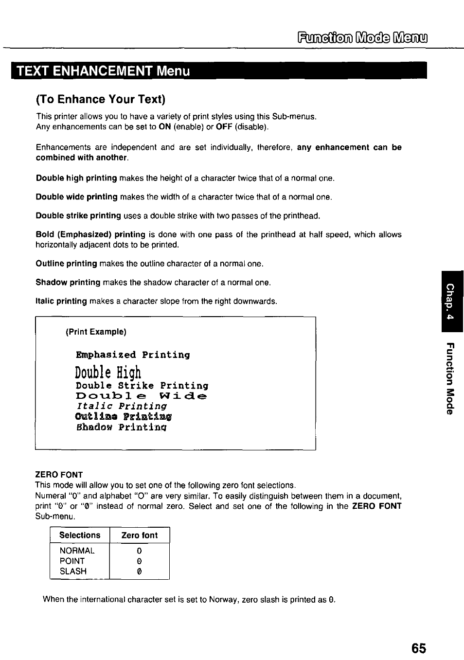 Text enhancement menu, To enhance your text), Print example) | Emphasized printing, Double high, Shadow printing, Zero font | Panasonic KX-P3124 User Manual | Page 65 / 123