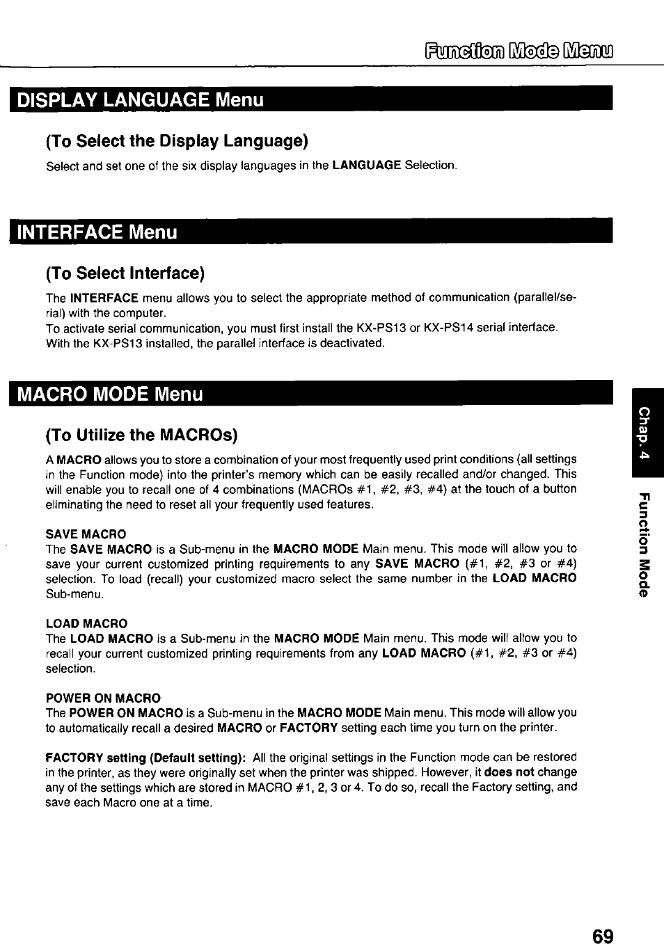 Display language menu, To select the display language), Interface menu | To select interface), Macro mode menu, To utilize the macros), Save macro, Load macro, Power on macro, Display | Panasonic KX-P3124 User Manual | Page 69 / 123