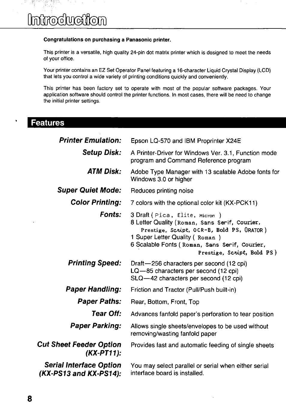 Features | Panasonic KX-P3124 User Manual | Page 8 / 123