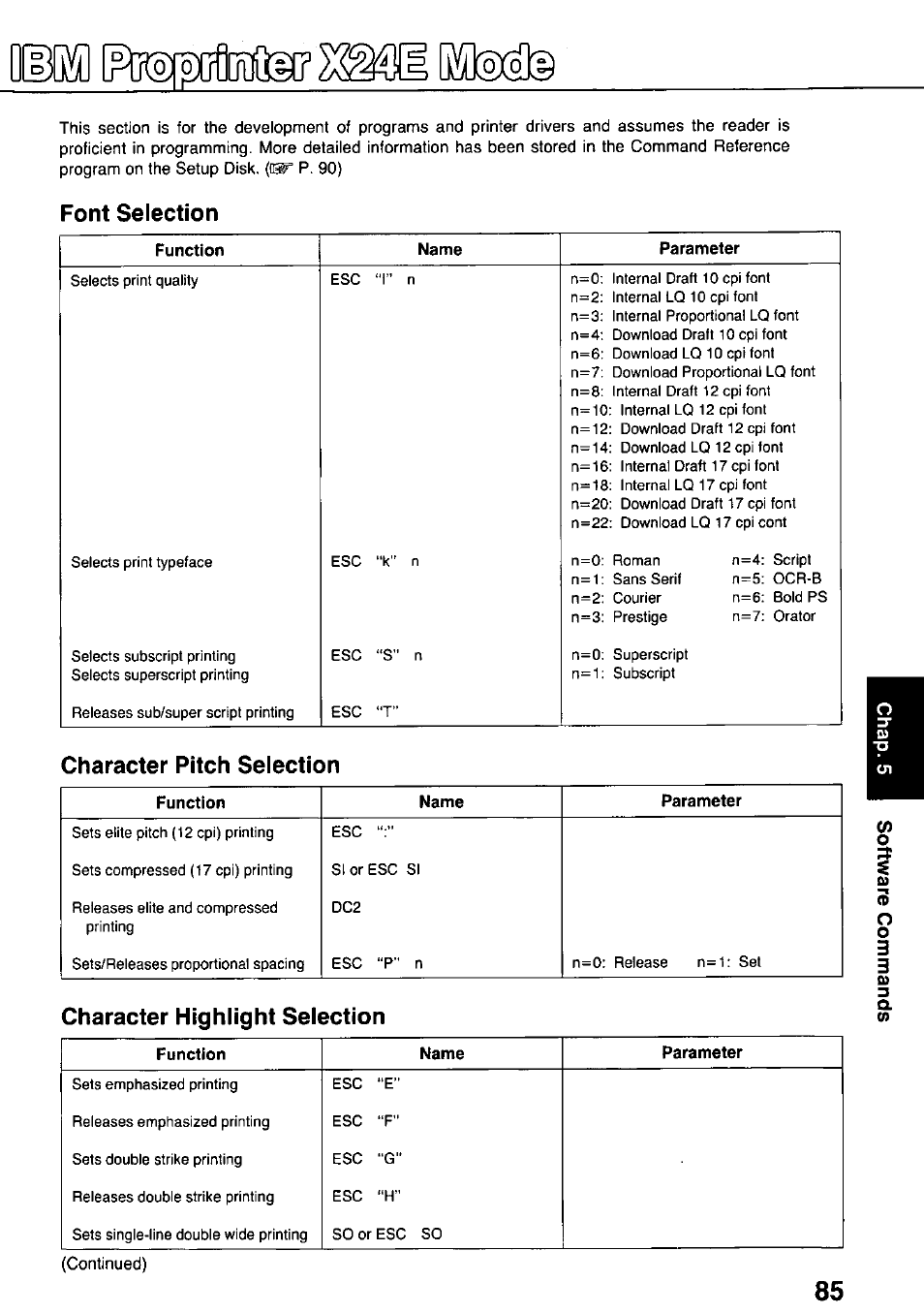 Font selection, Function, Name | Parameter, Character pitch selection, Character highlight selection | Panasonic KX-P3124 User Manual | Page 85 / 123