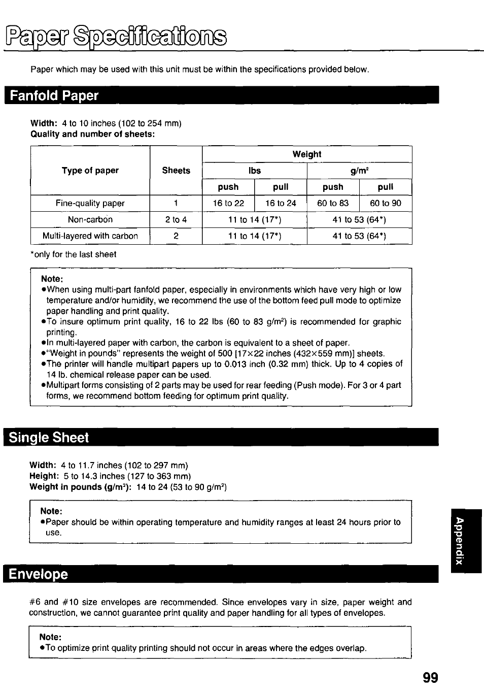 Fanfold paper, Note, Single sheet | Envelope | Panasonic KX-P3124 User Manual | Page 99 / 123