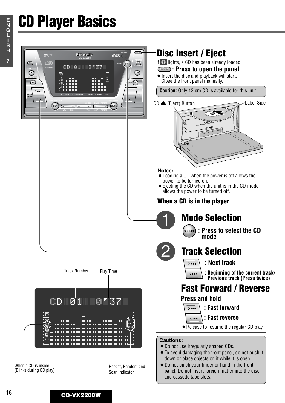 Cd player basics, Disc insert / eject, Mode selection | Track selection fast forward / reverse, Press to open the panel, When a cd is in the player, Fast forward : fast reverse, Cq-vx2200w, If lights, a cd has been already loaded, Cd u (eject) button label side | Panasonic CQ-VX2200W User Manual | Page 10 / 40