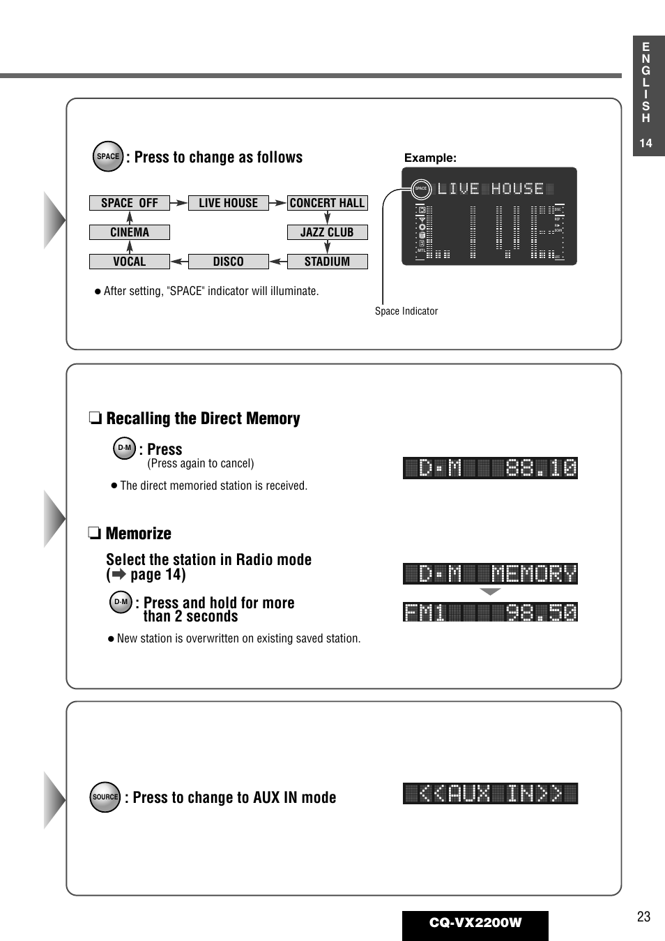 Aux in, Live house, Press to change as follows | Press to change to aux in mode : press, Press and hold for more than 2 seconds, Select the station in radio mode ( a page 14) | Panasonic CQ-VX2200W User Manual | Page 17 / 40