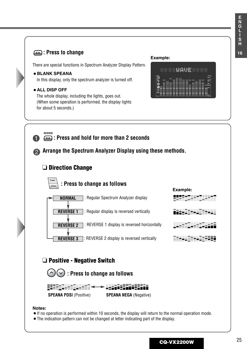 Wave, Direction change, Positive - negative switch | Press to change, Press and hold for more than 2 seconds, Press to change as follows | Panasonic CQ-VX2200W User Manual | Page 19 / 40