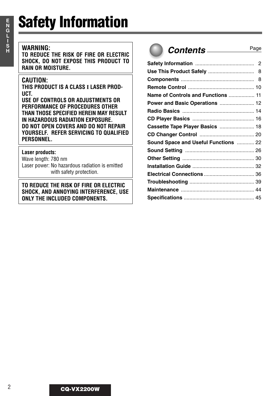 Panasonic CQ-VX2200W User Manual | Page 2 / 40