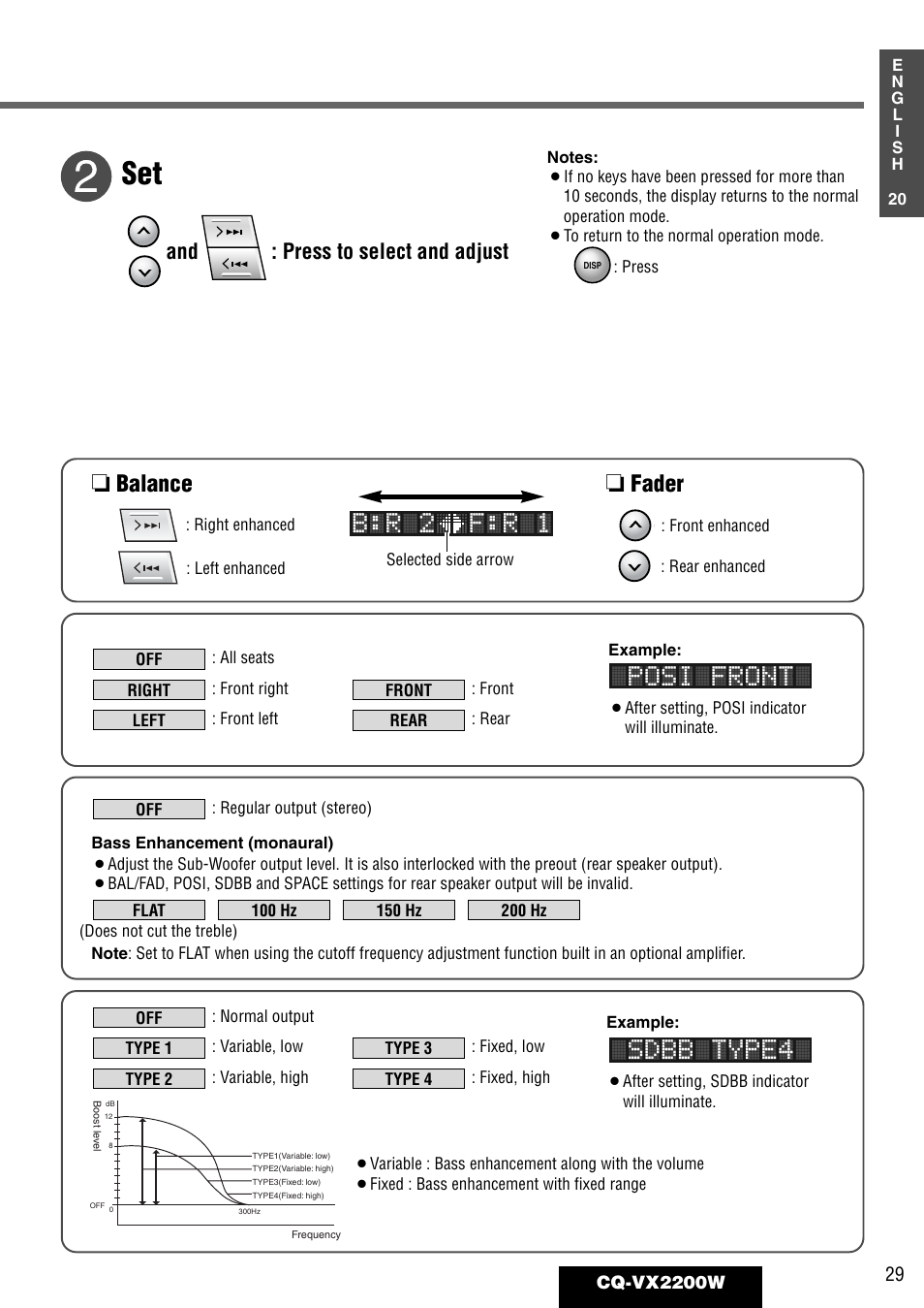 Sdbb type4, Posi front, Set b:r 2 f:r 1 | Balance, Fader, And : press to select and adjust | Panasonic CQ-VX2200W User Manual | Page 23 / 40