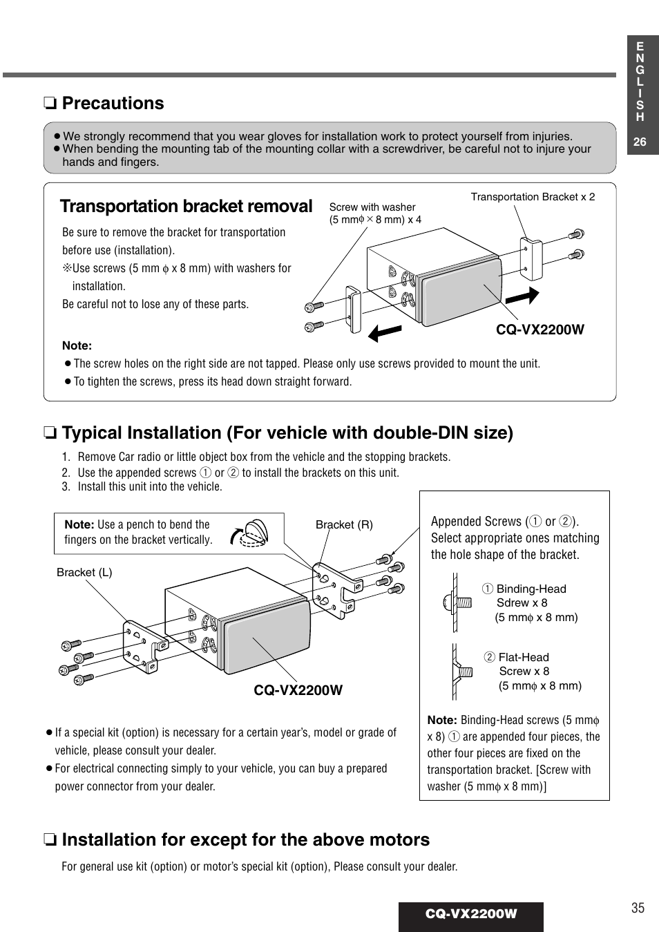 Precautions, Transportation bracket removal, Installation for except for the above motors | Panasonic CQ-VX2200W User Manual | Page 29 / 40