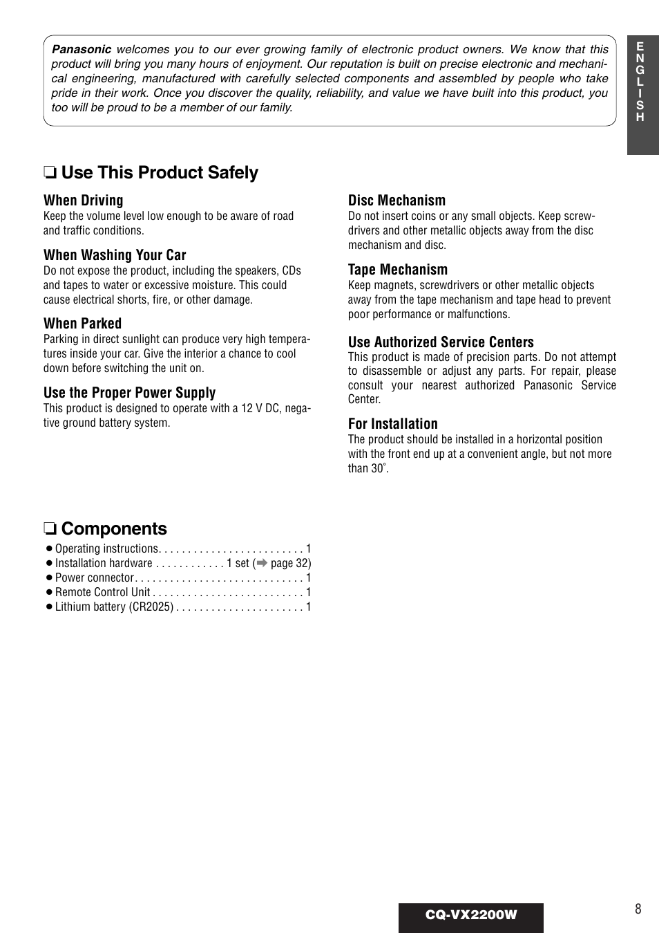 Use this product safely ❏ components | Panasonic CQ-VX2200W User Manual | Page 3 / 40