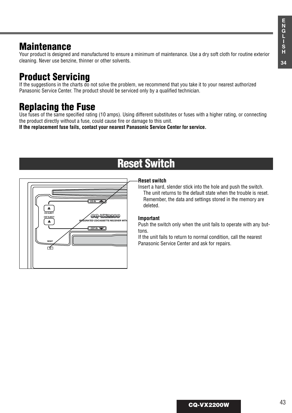 Reset switch, Maintenance, Product servicing | Replacing the fuse | Panasonic CQ-VX2200W User Manual | Page 37 / 40