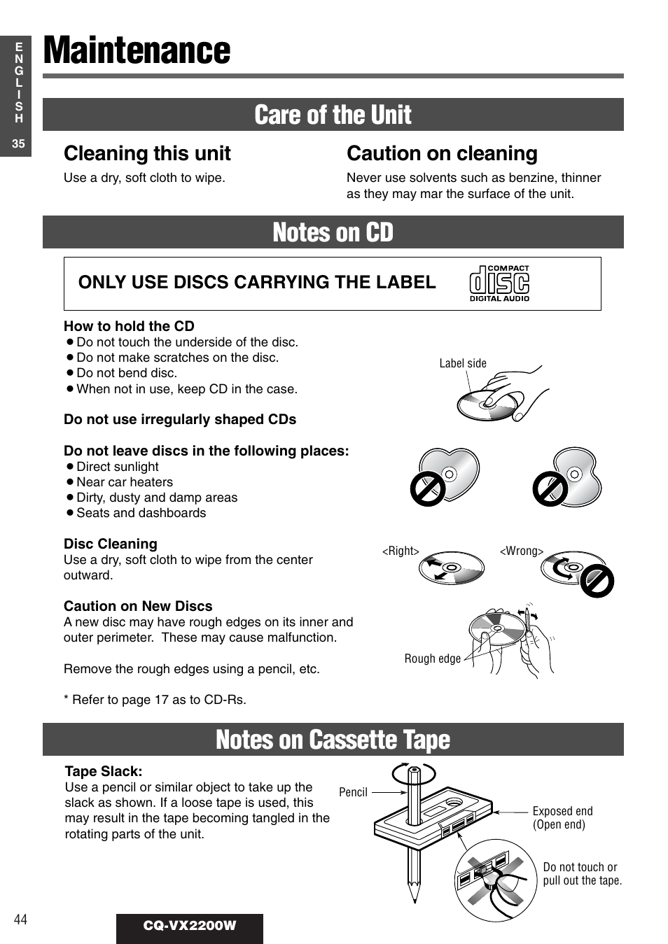 Maintenance, Cleaning this unit, Caution on cleaning | Only use discs carrying the label | Panasonic CQ-VX2200W User Manual | Page 38 / 40