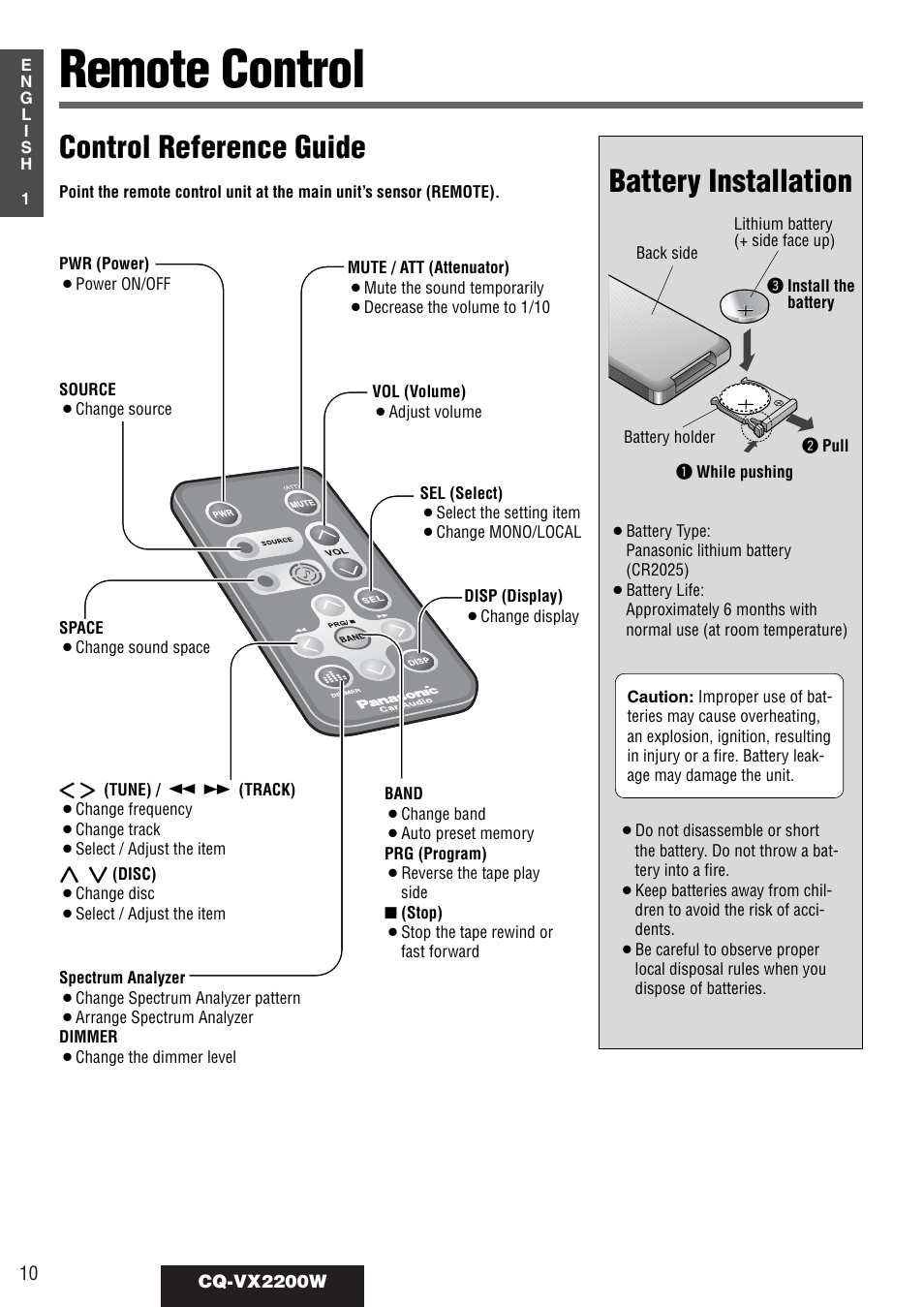 Remote control, Battery installation, Control reference guide | Panasonic CQ-VX2200W User Manual | Page 4 / 40