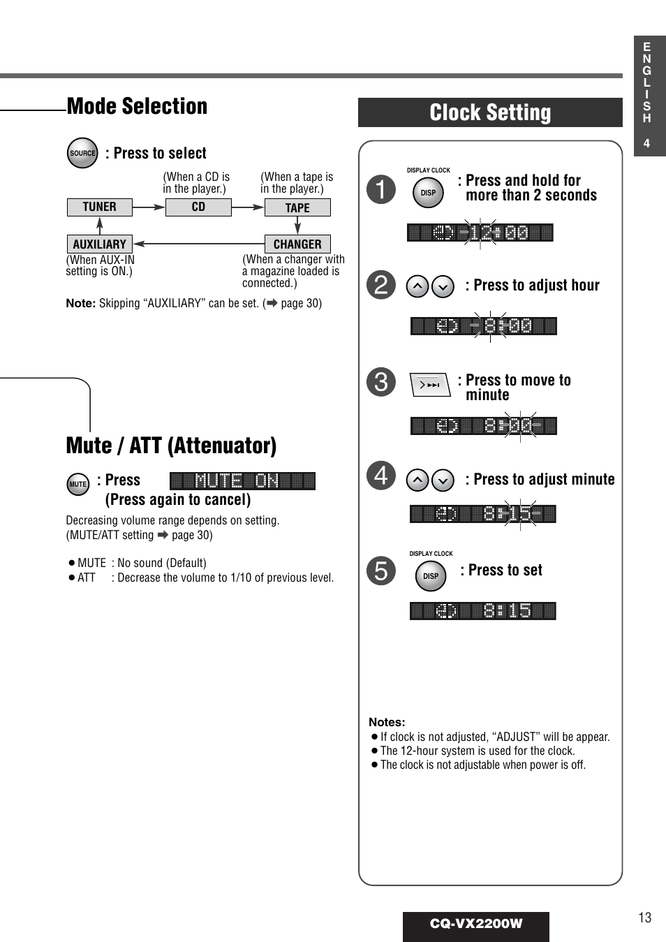 Mode selection, Mute / att (attenuator), Clock setting | Mute on | Panasonic CQ-VX2200W User Manual | Page 7 / 40