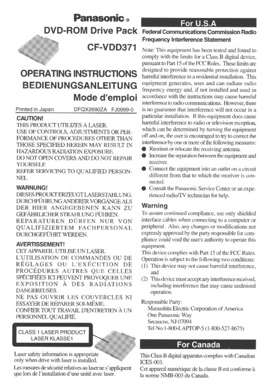 Panasonic DVD-ROM DRIVE PACK CF-VDD371 User Manual | 4 pages