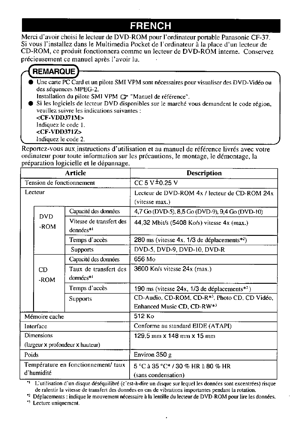 French | Panasonic DVD-ROM DRIVE PACK CF-VDD371 User Manual | Page 2 / 4