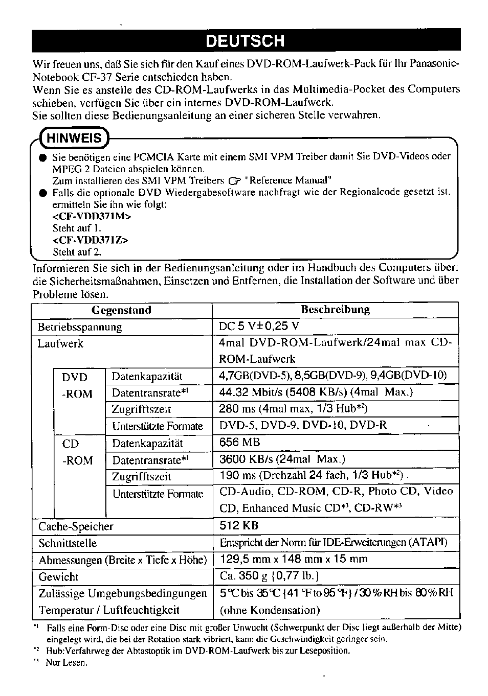 Deutsch | Panasonic DVD-ROM DRIVE PACK CF-VDD371 User Manual | Page 3 / 4