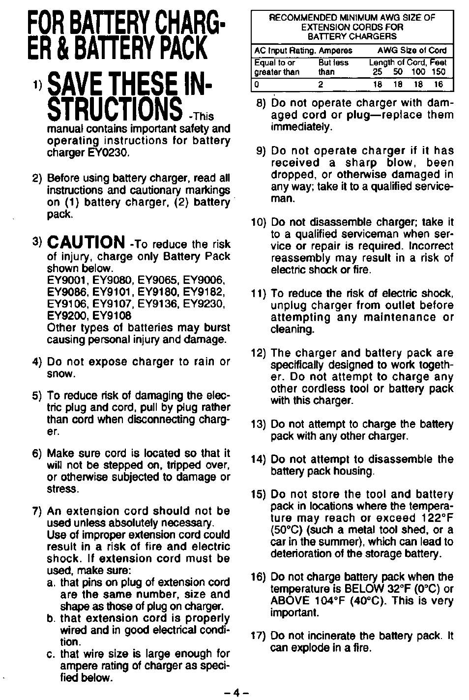 Save these in­ structions, For battery charg­ er & bahery pack, Caution | Panasonic EY6406 User Manual | Page 4 / 11