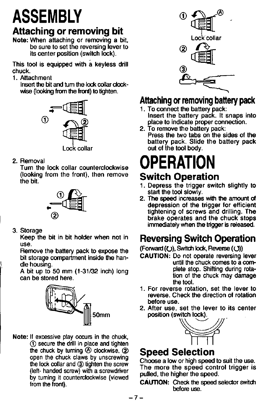 Attaching or removing bit, Attaching or removing battery pack, Switch operation | Reversing switch operation, Speed selection, Assembly, Operation | Panasonic EY6406 User Manual | Page 7 / 11