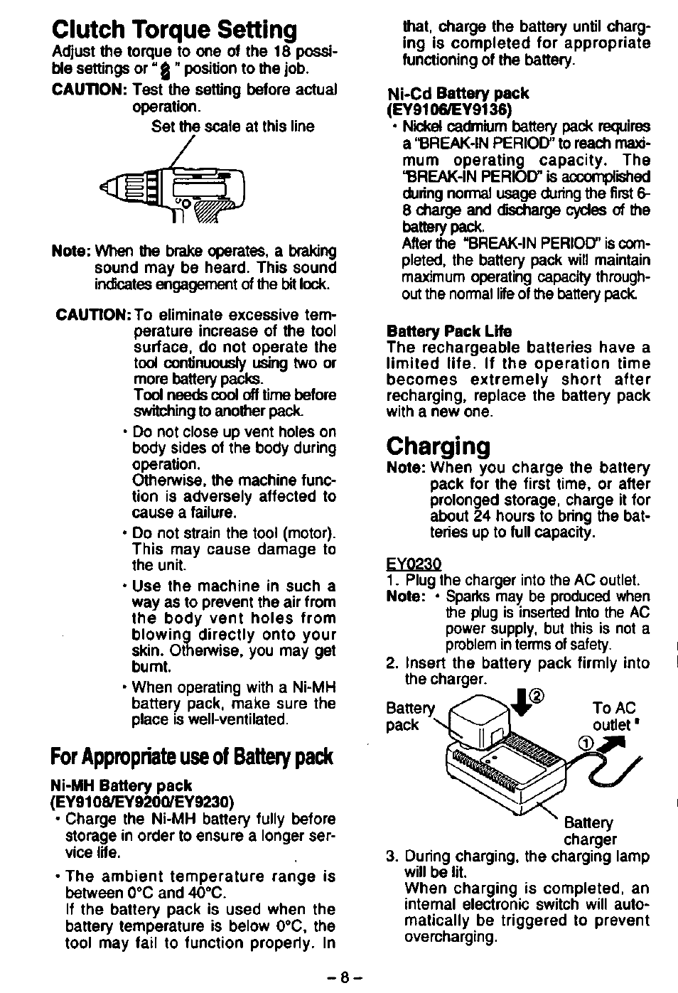 Clutch torque setting, For appropriate use of battery pack, Charging | Panasonic EY6406 User Manual | Page 8 / 11