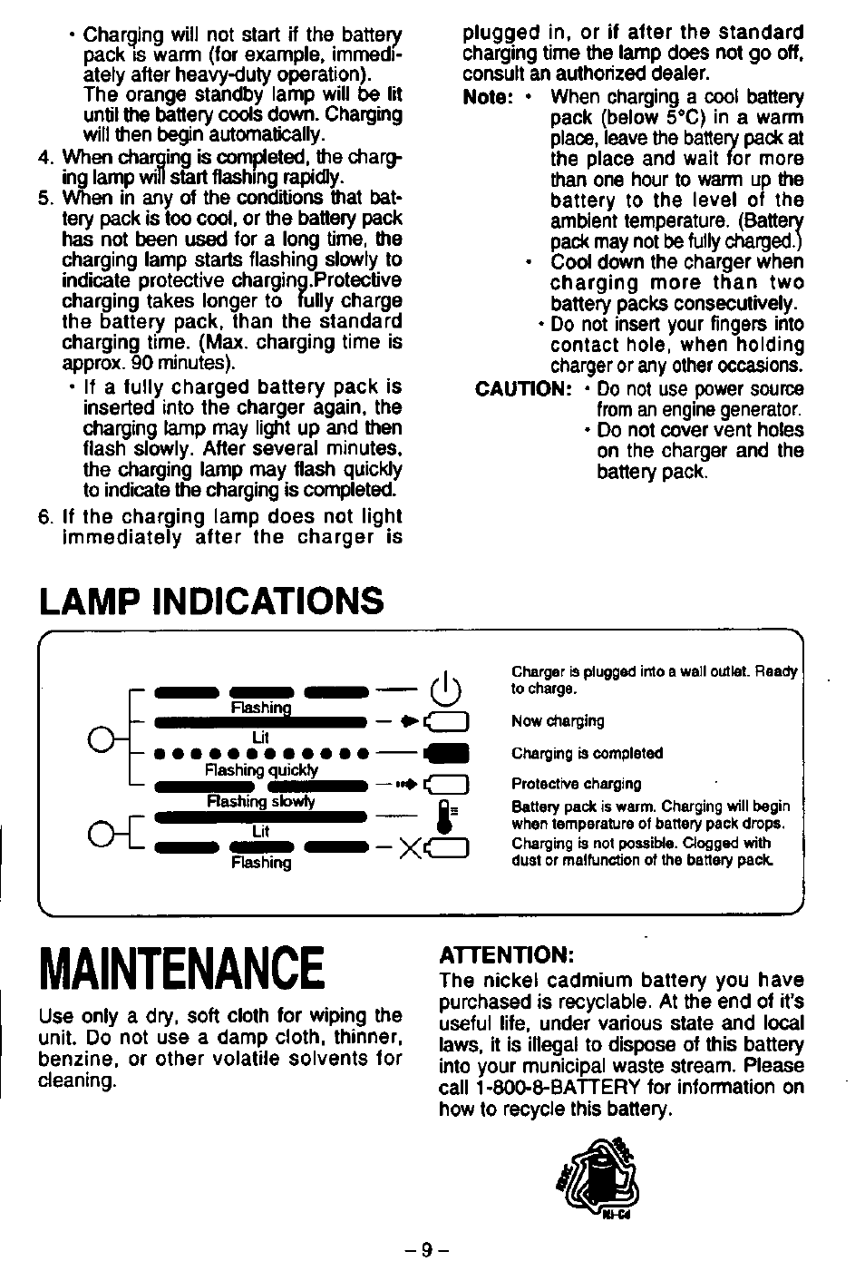 Maintenance, Lamp indications, Attention | Panasonic EY6406 User Manual | Page 9 / 11