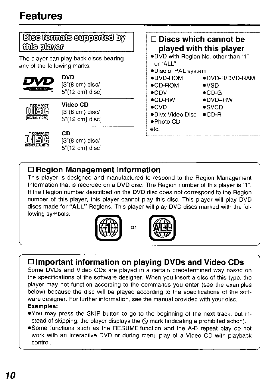 Video cd, Discs which cannot be played with this player, Region management information | Features | Panasonic DVDL50D User Manual | Page 10 / 84