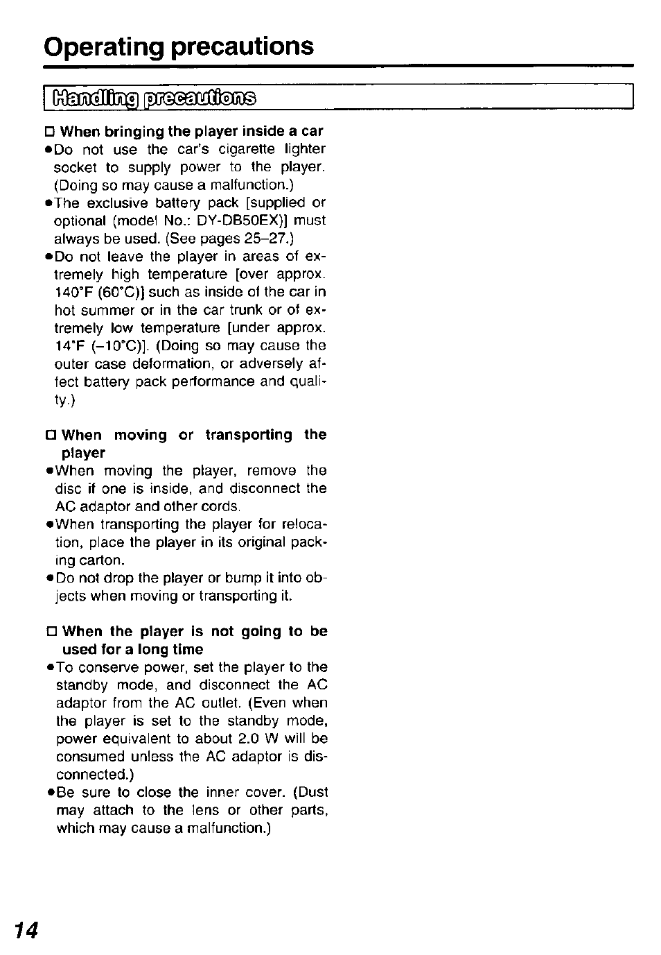 When bringing the player inside a car, When moving or transporting the player, L)tecdabìi]@ (°xiq 3 ae | Operating precautions | Panasonic DVDL50D User Manual | Page 14 / 84