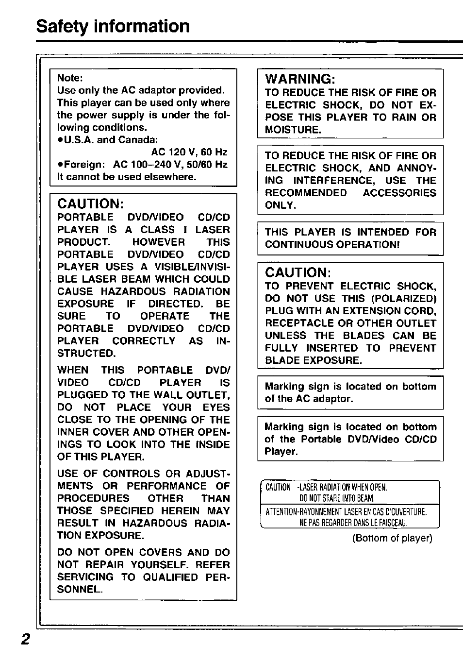 Caution, Warning, Safety information | Panasonic DVDL50D User Manual | Page 2 / 84