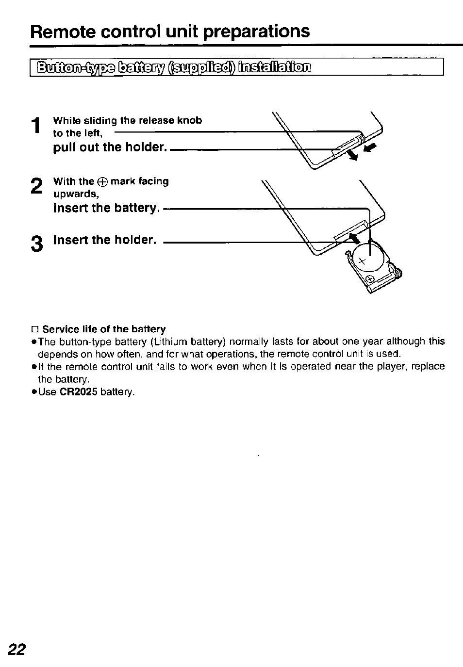 While sliding the release knob to the left, Pull out the holder, Service life of the battery | Remote control unit preparations | Panasonic DVDL50D User Manual | Page 22 / 84