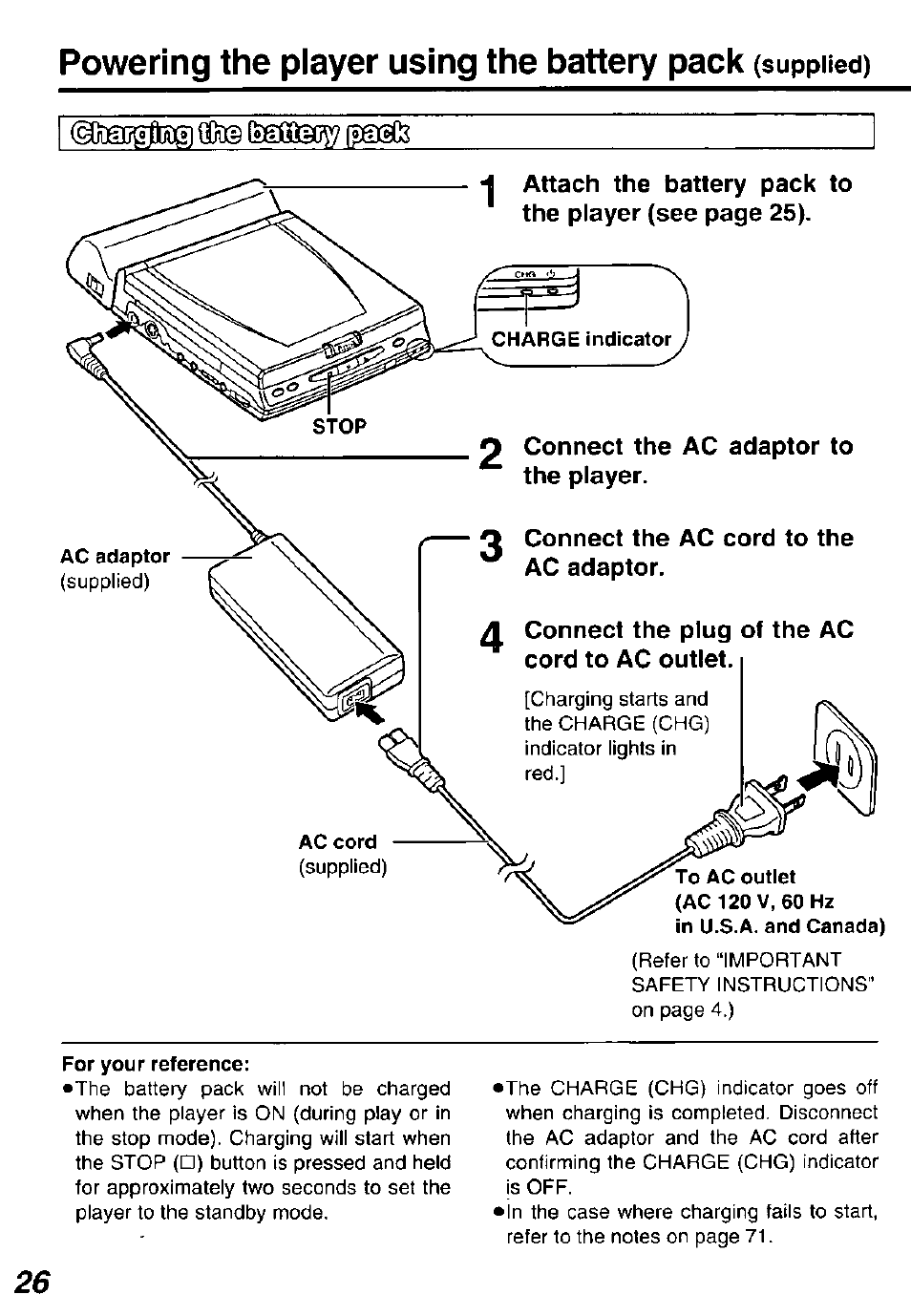 2 connect the ac adaptor to the player, Q connect the ac cord to the ac adaptor, Connect the plug of the ac cord to ac outlet | For your reference, Powering the player using the battery pack, Supplied) | Panasonic DVDL50D User Manual | Page 26 / 84