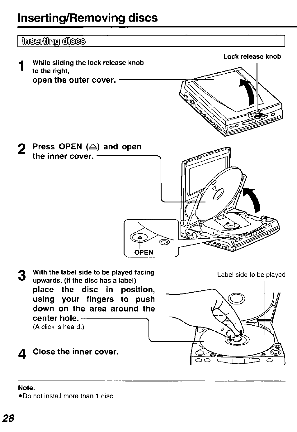 Center hole, 4 close the inner cover, Inserting/removing discs | Panasonic DVDL50D User Manual | Page 28 / 84