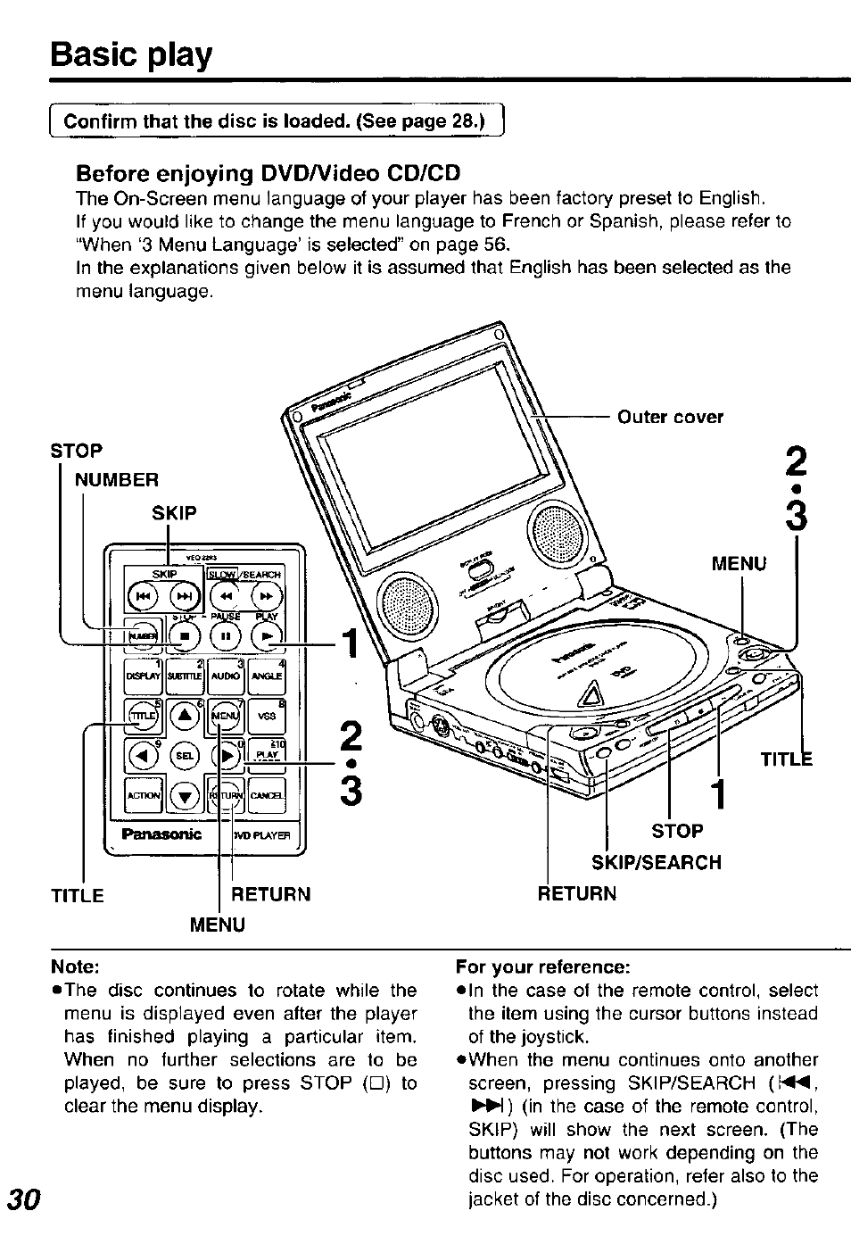 Before enjoying dvda/ideo cd/cd, Basic play | Panasonic DVDL50D User Manual | Page 30 / 84