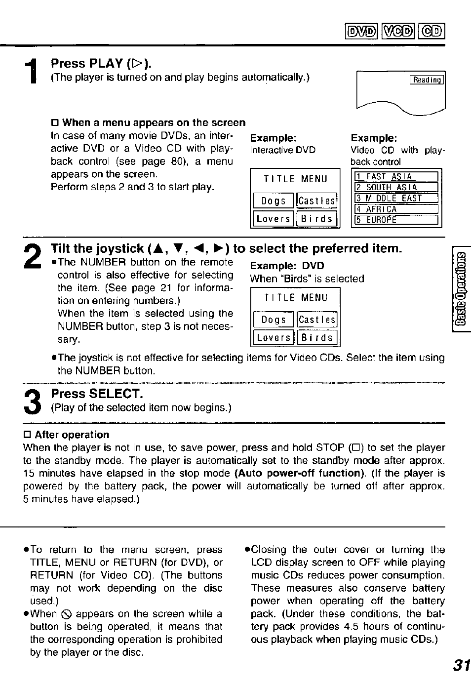 Press play (>), When a menu appears on the screen, Example | Press select, After operation | Panasonic DVDL50D User Manual | Page 31 / 84