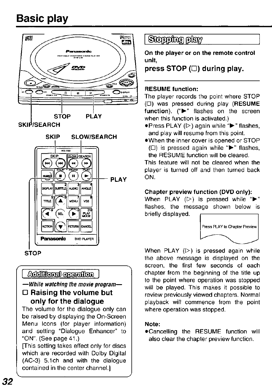 On the player or on the remote control unit, Press stop (□) during play, Basic play | Panasonic DVDL50D User Manual | Page 32 / 84