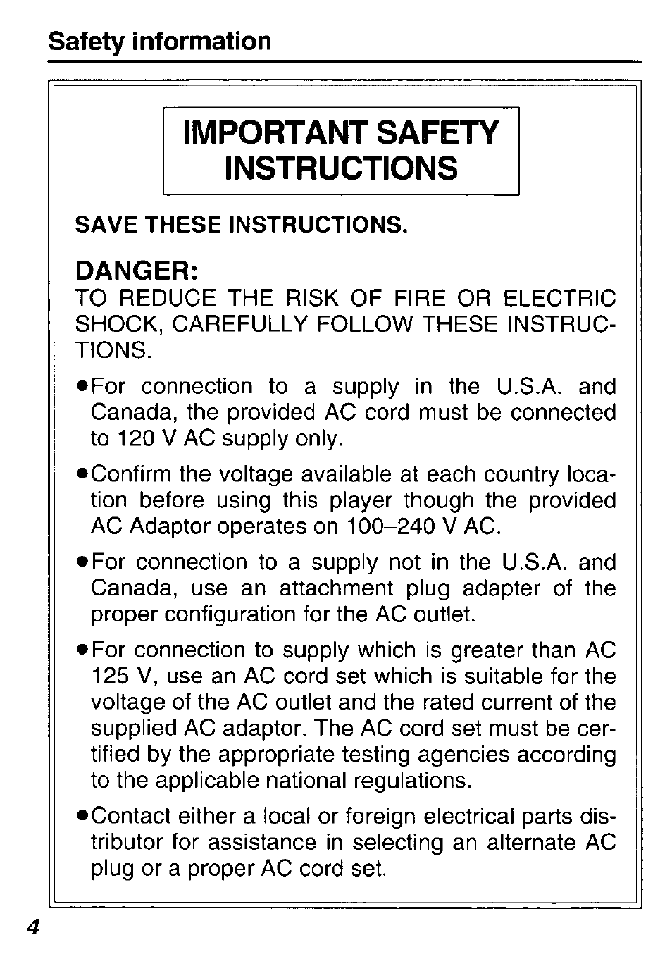 Important safety instructions, Safety information, Danger | Panasonic DVDL50D User Manual | Page 4 / 84