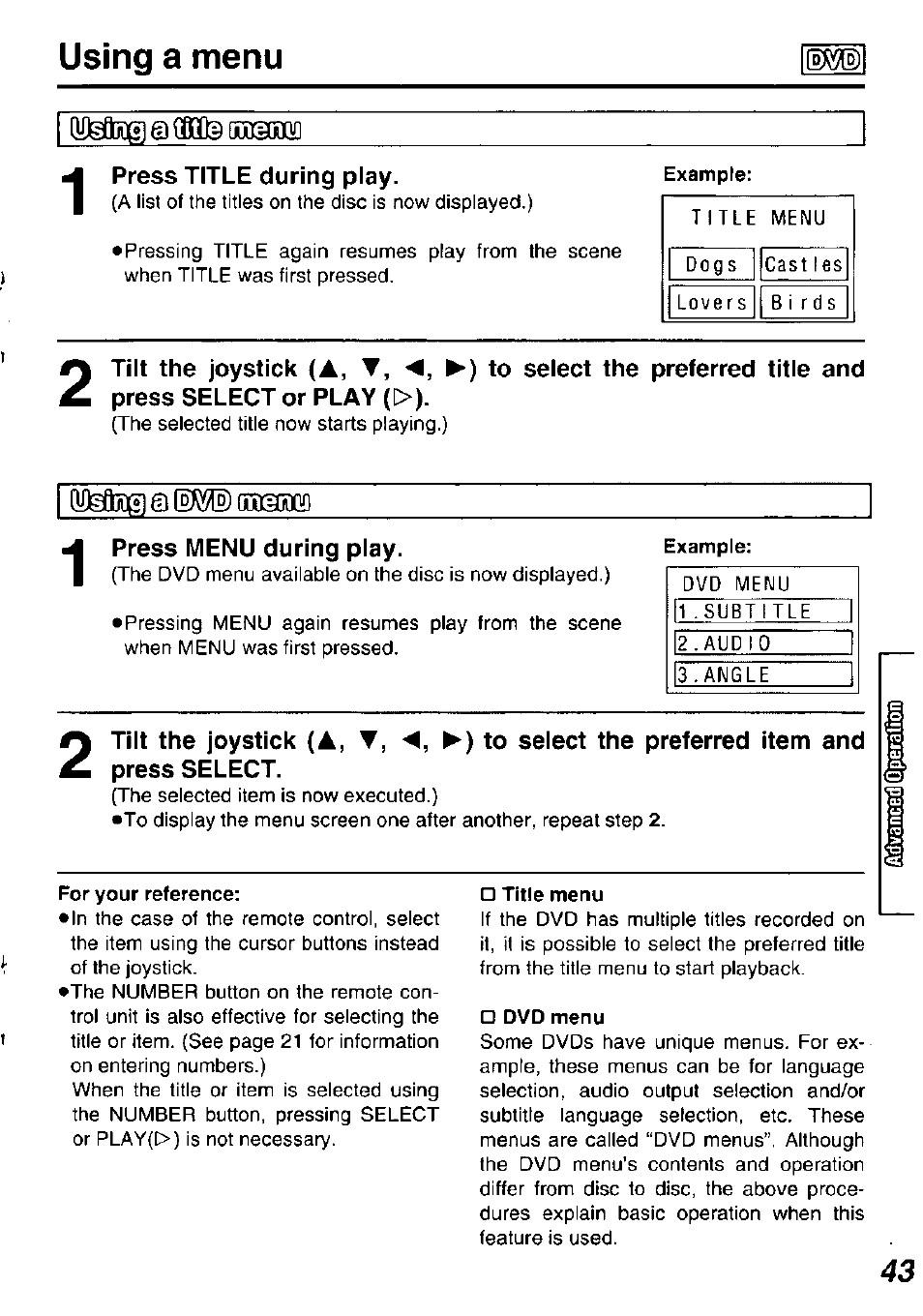 Press title during play, Itienu, Press menu during play | Example, Press select, For your reference, Title menu, Dvd menu, A, t, Using a menu | Panasonic DVDL50D User Manual | Page 43 / 84