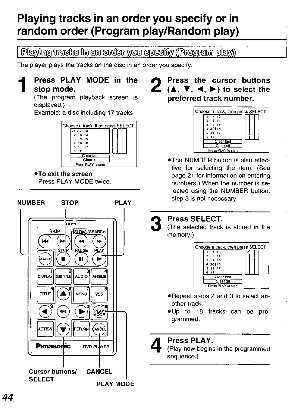 Press play mode in the stop mode, To exit the screen, Number | Stop, Play, Cursor buttons/ cancel select, Play mode, Press select, Press play | Panasonic DVDL50D User Manual | Page 44 / 84