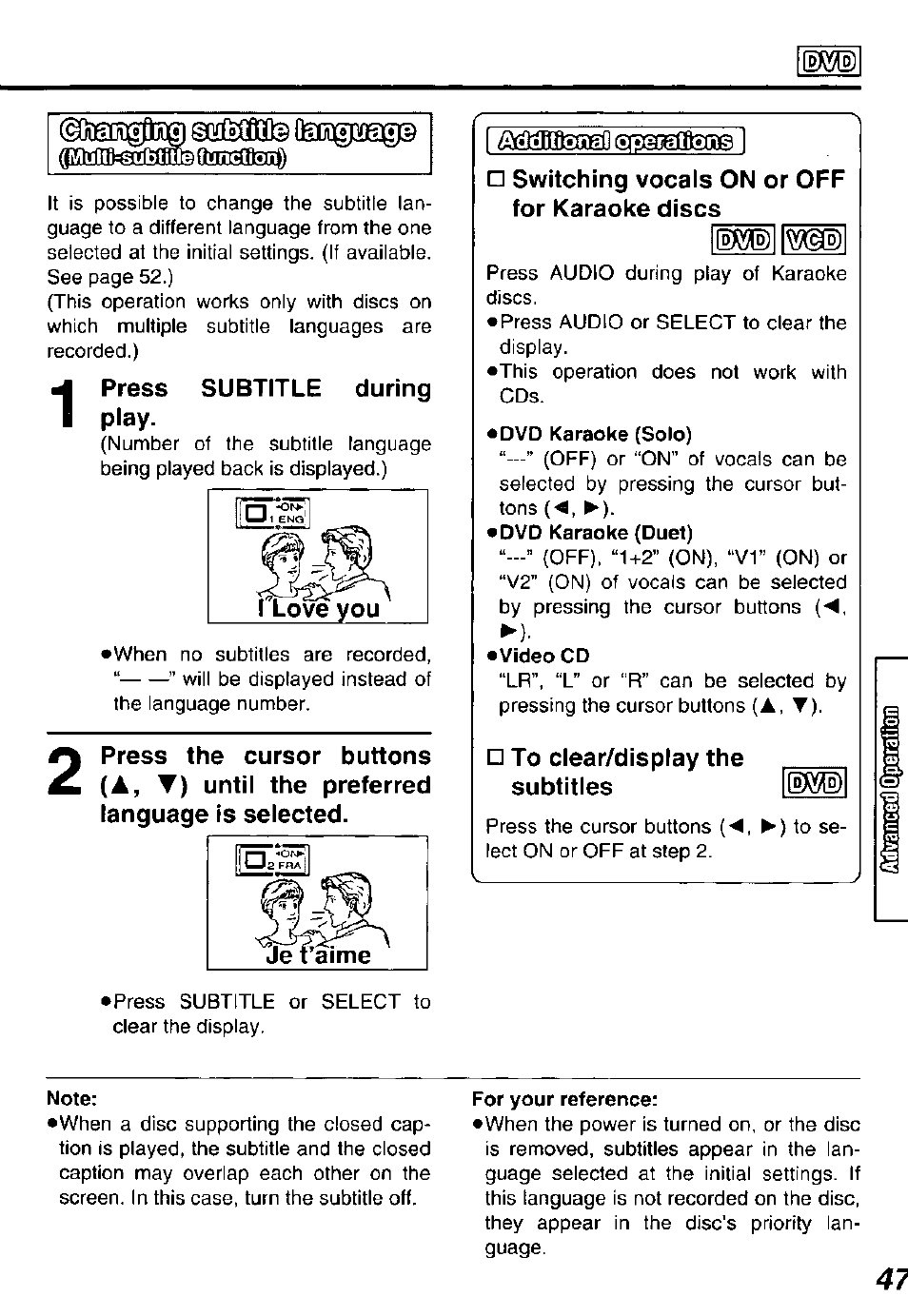 Note, For your reference | Panasonic DVDL50D User Manual | Page 47 / 84