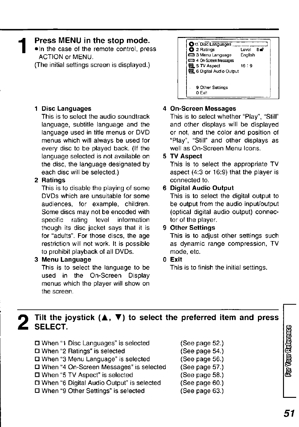 Press menu in the stop mode, Disc languages, On-screen messages | Panasonic DVDL50D User Manual | Page 51 / 84