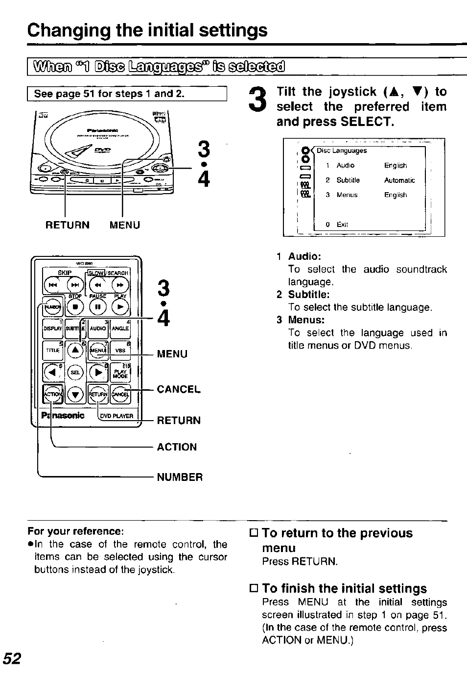 1 audio, 2 subtitle, 3 menus | To return to the previous menu, To finish the initial settings, Changing the initial settings, Miixgoa btes [laiibmeig^ te | Panasonic DVDL50D User Manual | Page 52 / 84