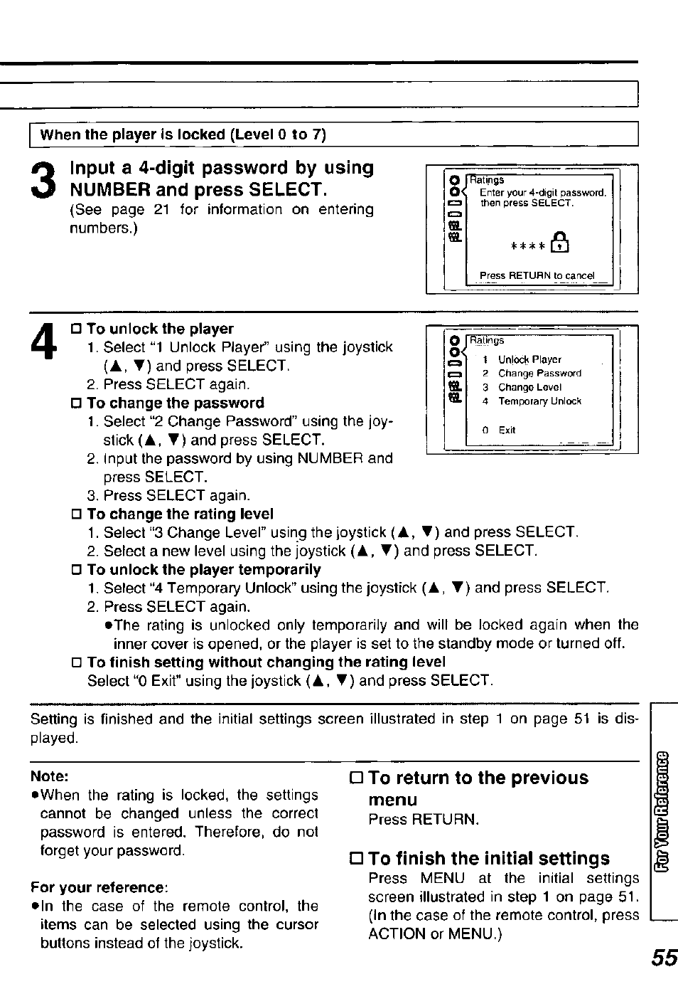 To unlock the player, Note, To return to the previous menu | For your reference, To finish the initial settings | Panasonic DVDL50D User Manual | Page 55 / 84