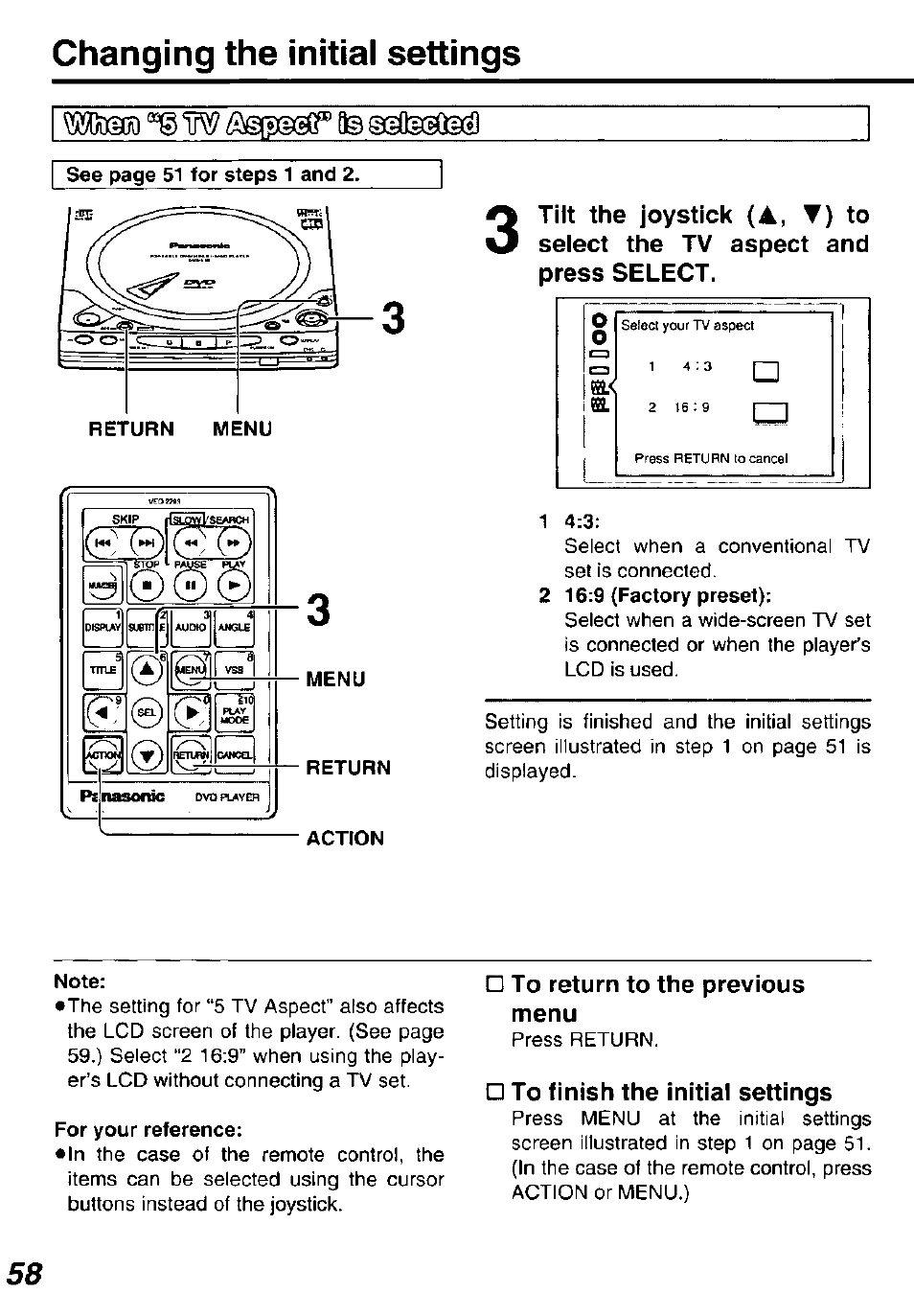 2 16:9 {factory preset), Note, For your reference | To return to the previous menu, To finish the initial settings, Changing the initial settings, Hbeb | Panasonic DVDL50D User Manual | Page 58 / 84