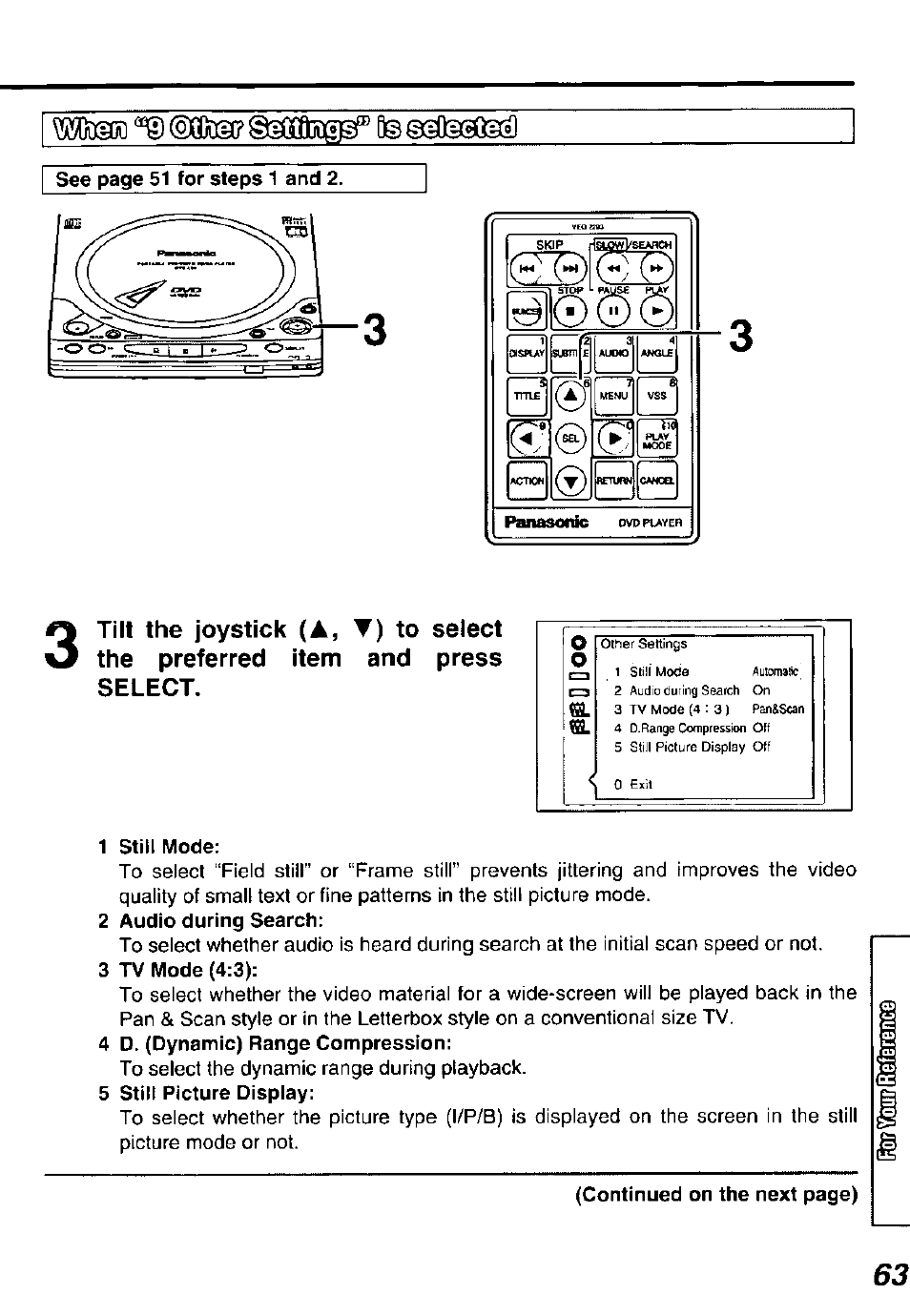2 audio during search, 3 tv mode (4:3), 4 d. (dynamic) range compression | 5 stilt picture display | Panasonic DVDL50D User Manual | Page 63 / 84