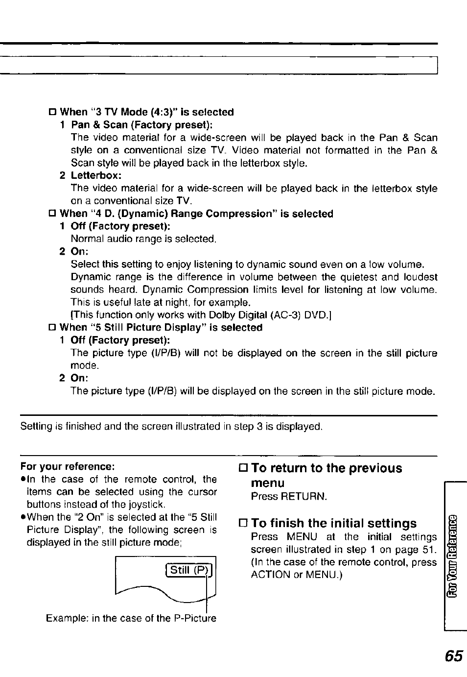 When “3 tv mode (4:3)” is selected, 1 pan & scan (factory preset), 2 letterbox | 1 off (factory preset), 2 on, For your reference, To return to the previous menu, To finish the initial settings | Panasonic DVDL50D User Manual | Page 65 / 84