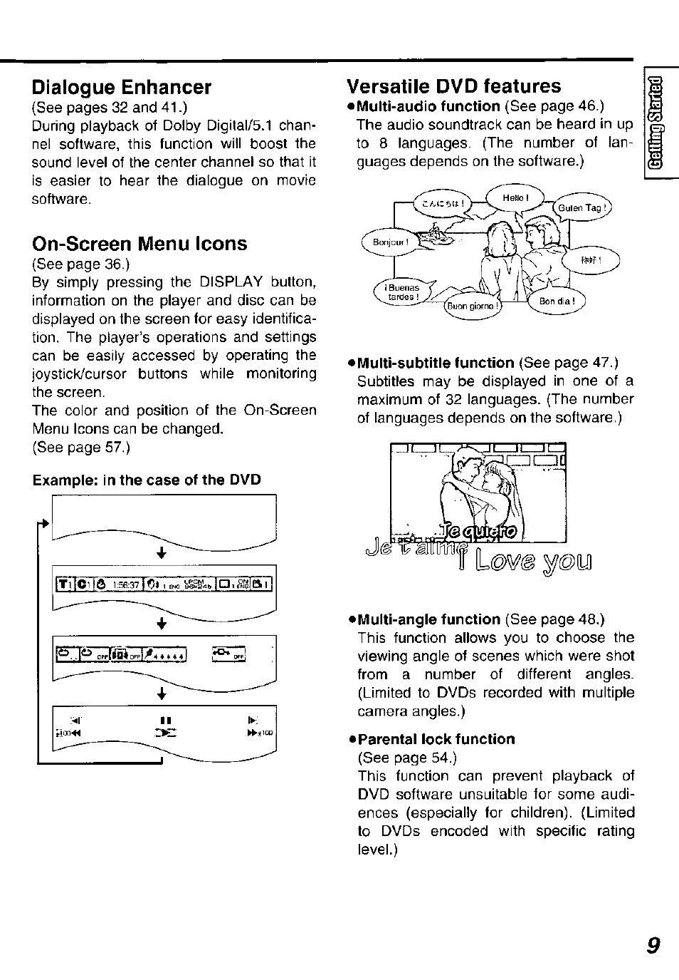 Dialogue enhancer, On-screen menu icons, Versatile dvd features | Parental lock function | Panasonic DVDL50D User Manual | Page 9 / 84