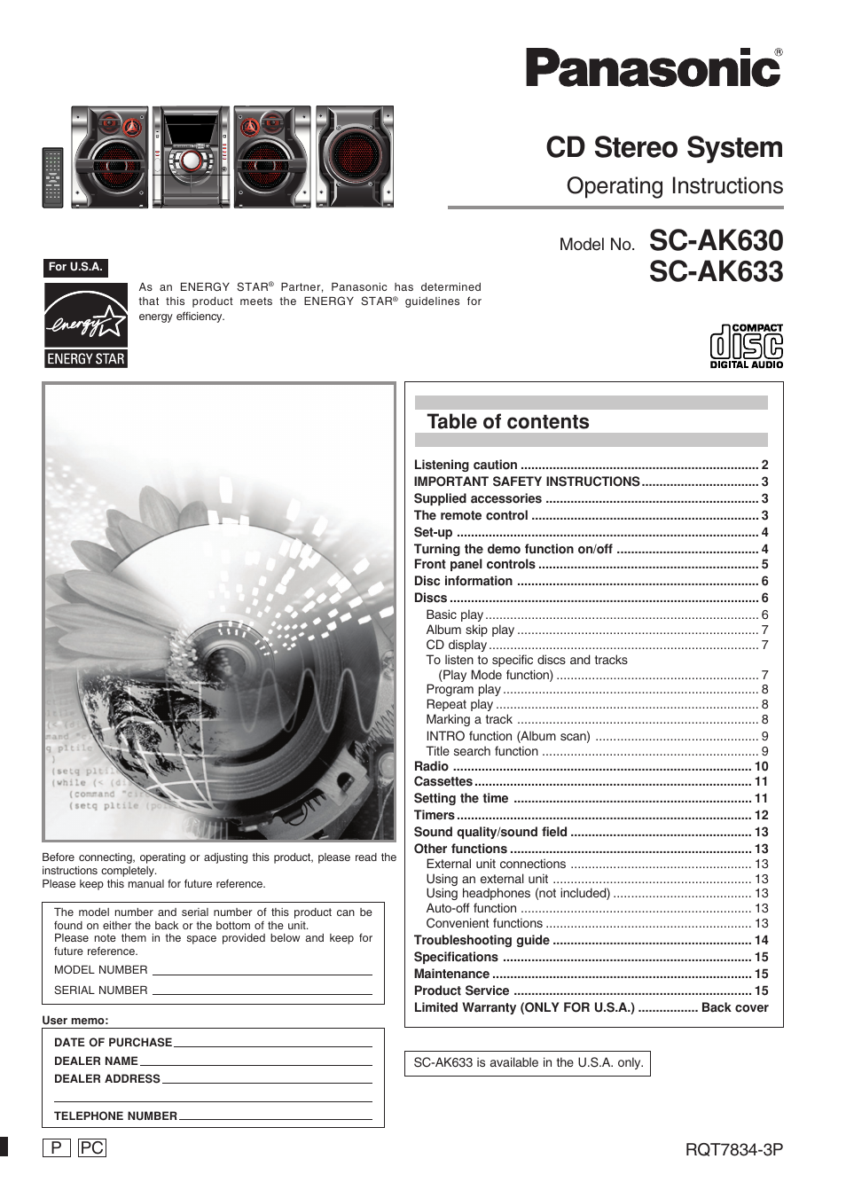Panasonic RQT7834-3P User Manual | 16 pages
